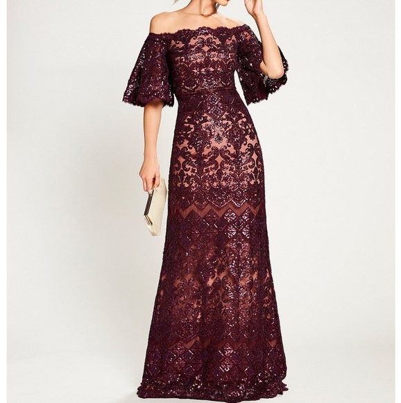 Tadashi Shoji Dresses & Skirts - Tadashi Shoji Off-the-Shoulder Sequin Lace Scallopd Hem Gown